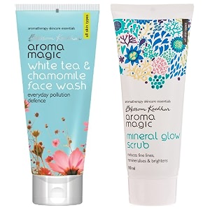 aroma magic mineral glow scrub 100ml amp white tea and chamomile face wash 100ml combo