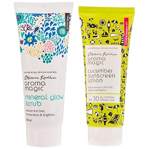 aroma magic mineral glow scrub 100ml and aroma magic cucumber sun screen lotion spf 30 100ml