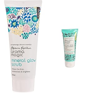 aroma magic mineral glow scrub 100ml amp aloe vera sun screen gel spf 20 50ml combo