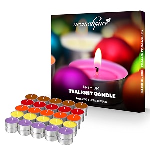 aromahpure scented decorative tealight candles  wax tealight candle  10 gm 50 pcsassorted smokeless candles  3 hours burning time guaranteed  for home decoration amp celebration