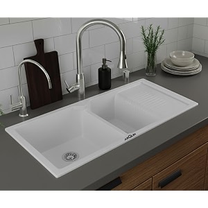 arquin double bowl quartz sink with drainboard 45x20x9 inch white granite sink uv protected undermount  topmount noise reducing quartz for kitchen basin