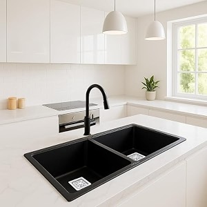 arquin quartz kitchen sink  37x18x9 inches double bowl black quartz sink for kitchen- uv protected undermounttopmount noise reducing black