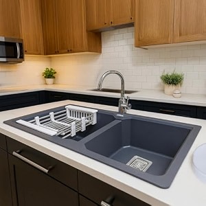 arquin quartz sink for kitchen 45x20x9 inches double bowl quartz kitchen sink granite sink for kitchen- uv-protected undermounttopmount noise reducing  grey