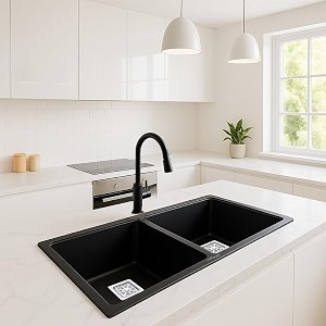 arquin quartz kitchen sink 45x20x9 inches double bowl quartz sink granite sink kitchen sink- uv-protected noise reduction scratch resistant undermounttop mounted quart sink for kitchen