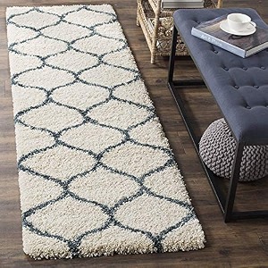 modern design polyester shaggy bedside runner soft rug for bedroom living room kitchen ivory and blue 2x6 feet