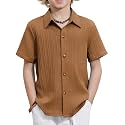 Arshiner Boys Casual Short Sleeve Button Down Shirt Fashion Textured Summer Beach Shirt 3-13 Years Old