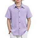 Arshiner Boys Casual Short Sleeve Button Down Shirt Fashion Textured Summer Beach Shirt 3-13 Years Old