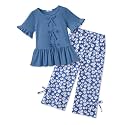 Arshiner Girls Clothes 2 Piece Outfits Butterfly Knot Top and Wide Leg Pant