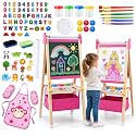 Art Easel for Kids - Adjustable Wooden Double-Sided Magnetic Whiteboard and Chalkboard with Paper Roll, 100+ Drawing Accessories - Foldable Painting Birthday Gifts for Boys Girls Ages 3-12, Pink