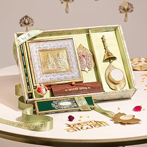 art street pooja gift box with laxmi ganesh frame laxmi charan aarti sangrah ghanti agarbatti and candle for celebration and gift for family friends and relatives pack of 7