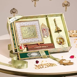 art street pooja gift box with nav durga frame laxmi charan aarti sangrah ghanti agarbatti and candle for celebration and gift for family friends and relatives pack of 7