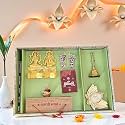Art Street Pooja Gift with Laxmi Ganesh Idol, Laxmi Charan, Aarti Sangrah, Ghanti, Candle and Agarbatti for Celebration and Gift for Family, Friends and Relatives (Pack of 7)