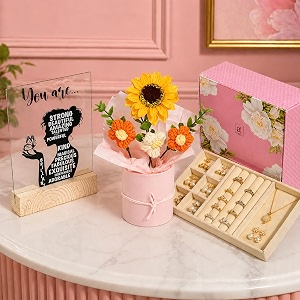 art street rakshabandhan gift hamper for sister with elegant crochet flower bouquet in pink pot acrylic frame with quote amp velvet lined jewelry box