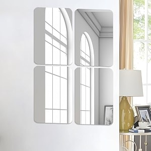 art street rectangle round corner shape adhesive mirror sticker for wall on tiles bathroom bedroom living room for home set of 4 size 8x12 inch