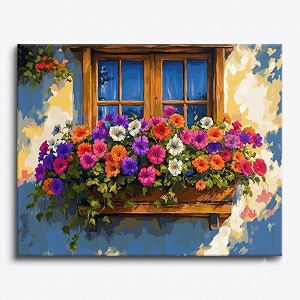 art therapy pcn34 paint by number kit 15 x 20 inch linen canvas for adults amp kids  diy 2 set of acrylic oil painting colors with brushes for home decor  easy for beginners flowers at the heart window