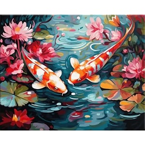 art therapy pcn35 paint by number kit 15 x 20 inch linen canvas for adults amp kids  diy 2 set of acrylic oil painting color set with brushes for stress relief  easy for beginners twin koi reverie