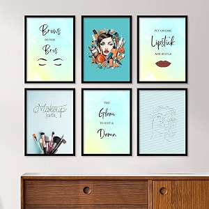 artelly makeup set quotes salon art framed wall posterspaintings with frame - studio photo frames decoration items - women beauty parlour theme combo set of 6 10x13 inch quote 2