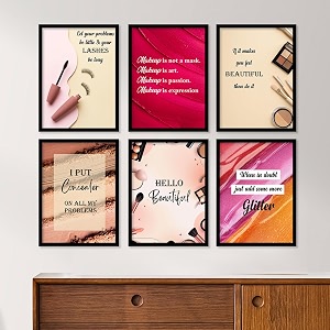 artelly makeup set quotes salon art framed wall posterspaintings with frame - studio photo frames decoration items - women beauty parlour theme combo set of 6 10x13 inch quote 5