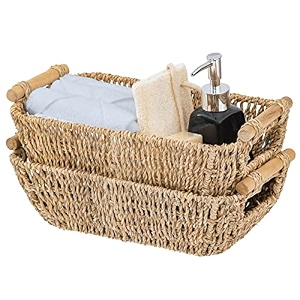 artera shallow wicker storage basket - medium woven seagrass baskets with wooden handles for bathroom kitchen pantry organizing perfect as drawers 1534 x 10634 x 5334 1 m