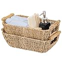 Artera Small Wicker Basket for Bathroom - Woven Seagrass Basket with Wooden Handles for Towels, Wash Cloth,Toilet Paper, Toiletries and Miscellaneous Items, 12" x 7.1" x 4.3" (2)
