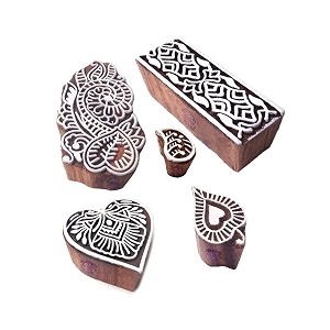 artistic motif heart and leaf block print wood stamps set of 5