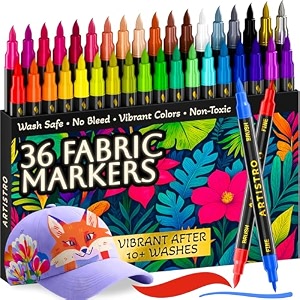 artistro 36 dual-tip fabric markers - fabric decorating kit - permanent for clothes - no bleed pens for t-shirts bags textile canvas and more brush tip and fine tip