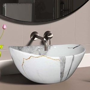 artiva glossy designer ceramic bathroom sink  medium size counter top glossy finish wash basin for living room  oval shape thunder white 17x13 inch