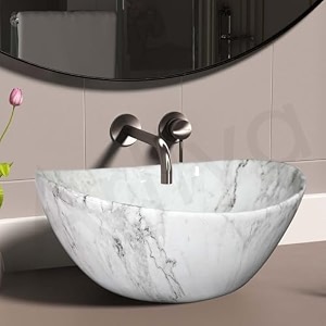 artiva glossy designer ceramic bathroom sink  medium size counter top glossy finish wash basin for living room  oval shape statuario white 17x13 inch