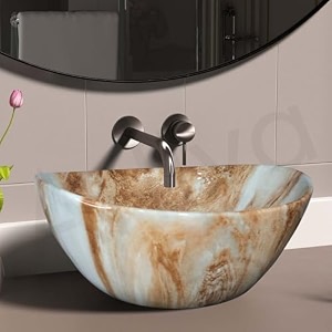 artiva imported ceramic basin for bathroom  medium size counter top glossy finish wash basin for living room  oval shape saffron marble 17x13 inch