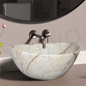artiva imported wash basin for bathroommedium size counter top glossy finish wash basin for living roomoval shape marmi beige 17x13 inch