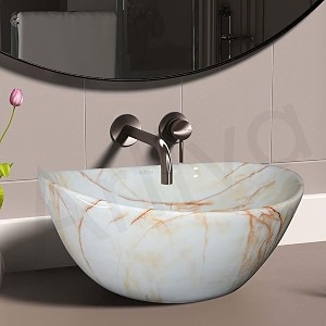 artiva premium counter top wash basin for kitchen  medium size counter top glossy finish wash basin for living room  oval shape marbo beige 17x13 inch