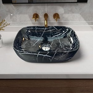 artiva marble design table top sink for bathroom  counter top glossy finish wash basin for living room  rectangular medium size lina black 13x18 inch