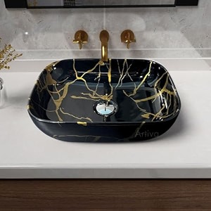 artiva marble design table top sink for bathroom  counter top glossy finish wash basin for living room  rectangular medium size porto black 13x18 inch