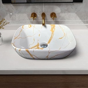 artiva marble design table top sink for bathroom  counter top glossy finish wash basin for living room  rectangular medium size porto white 13x18 inch