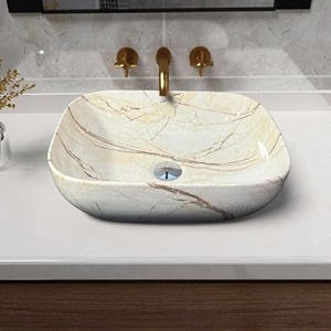artiva table top wash basin for bathroom  ceramic counter table top basin  premium ceramic countertop basin sink  medium size rectangular basin marmi beige 13x18 inch
