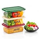 Arto Food Storage Containers Set of 3, 1100ml Airtight & Leak Proof Transparent Fridge Organizer with Coloured Lids – Stackable, Food Grade Plastic for Kitchen, Pantry, Cereals & Vegetables