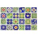 Artook Decor Blue Pottery Decorative Ceramic Tiles Mosaic Tiles Wall Tiles Mural Panel Kitchen Washroom and More Usable (Blue &amp; Green, 2x2-inches Set of 18)