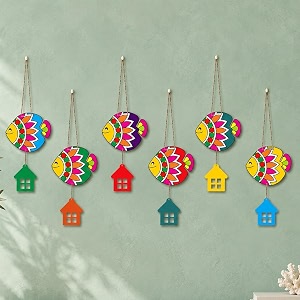 artvibes multicolored fishes wooden art decoration item for home  printed wall decoration  scenery for drawing room  wall illustrations  door hanging art items  ideal gifts wh_9119n set of 6