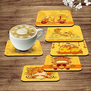 artvibes printed mdf wooden coasters for home and kitchen  dining table decor  square coasters  kitchen decorative items  table decoration  home decor set of 6  4x4 inchcultural art tc_2003