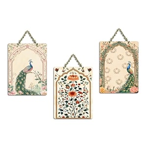 artvibes peacock pichwai art decorative wall art mdf wooden wall hanger for home  room wall art  modern decor artwork  living room  cafe  wall illustrations  gift items wh_96106n set of 3