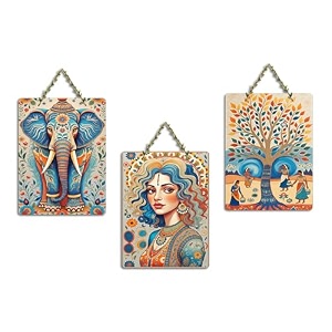 artvibes elephant woman amp village life folk art decorative wall hanging ornaments  handcrafted art  festive decor  wall illustrations  paintings for wall  unique gift wh_9690n set of 3