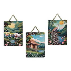 artvibes traditional indian art of cottage with peacock amp cows decorative mdf wooden wall art for home  handcrafted art  wall poster  graphic artwork  unique gift items wh_9689n set of 3