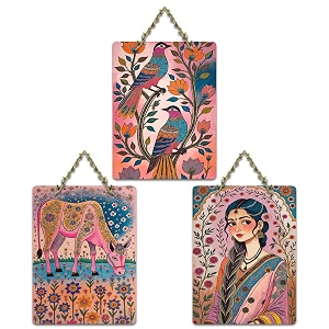 artvibes beautiful women sacred cow amp floral birds wooden art decoration item for home  garden balcony stylish modern decor  wall illustrations  trendy decor  unique gift wh_9694n set of 3