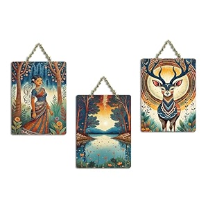artvibes sacred river divine girl amp deer aesthetic wooden wall hanger for home decor  art for wall  door decoration items  graphic artwork  aesthetic wooden decor  gift items wh_9691n set of 3