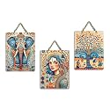 Artvibes Elephant Woman &amp; Village Life Folk Art Decorative Wall Hanging Ornaments | Handcrafted Art | Festive Decor | Wall Illustrations | Paintings For Wall | Unique Gift (WH_9690N), Set of 3
