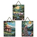Artvibes Traditional Indian Art Of Cottage With Peacock &amp; Cows Decorative MDF Wooden Wall Art for Home | Handcrafted Art | Wall Poster | Graphic Artwork | Unique Gift Items (WH_9689N), Set of 3