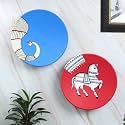 Artysta 'Enchanting Animals' Set of 2 Handpainted Terracotta Decorative Wall Plates Decor Hanging Wall Decor Wall Plates For Living Room Home Decoration (9.5 inch, Blue & Red)