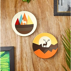 artysta 39majestic reindeer39 set of 2 handpainted terracotta decorative wall plates decor hanging wall decor wall plates for living room home decoration 95 inch multicolred