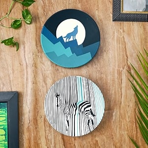 artysta 39nature39s blues39 set of 2 handpainted terracotta decorative wall plates decor hanging wall decor wall plates for living room home decoration 95 inch blue amp black