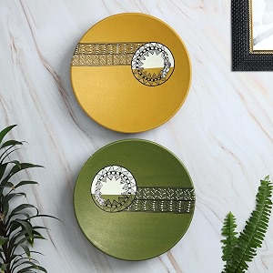 artysta 39warli charm39 set of 2 handpainted terracotta decorative wall plates decor hanging wall decor wall plates for living room home decoration 95 inch mustard amp green